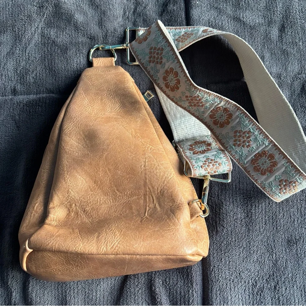Brown Vegan Leather Sling‎ Bag with floral strap.